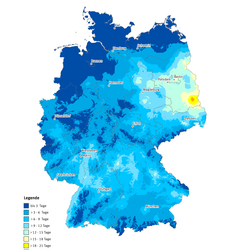 Die Karte zeigt die Anzahl Heißer Tage in Deutschland im Jahr 2014. Maximal gab es in diesem Jahr 23 Heiße Tage in Deutschland.