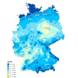 Die Karte zeigt die Anzahl Heißer Tage in Deutschland im Jahr 2016. Maximal gab es in diesem Jahr 22 Heiße Tage in Deutschland.