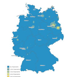 Die Karte zeigt die Anzahl der Tropennächte in Deutschland im Jahr 2010. In diesem Jahr gab es in einzelnen Regionen bis zu 12 Tropennächte. 