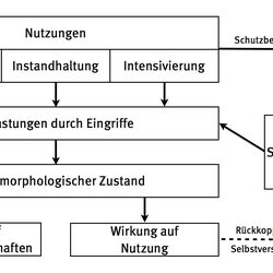 Ein Schema, dass zeigt welche Art der Nutzungen wie auf das Gewässer wirken.