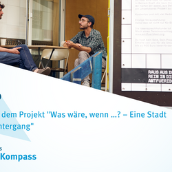 Zwei Leute sitzen beratend vor dem Amt für Ideen.