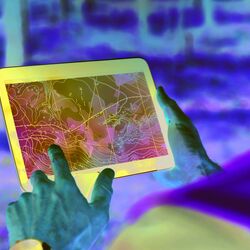 Das Bild zeigt Hände, die ein Tablet halten, auf dessen Bildschirm eine Karte mit Höhenlinien und weiteren Markierungen zu sehen ist. Der verschwommene Bildhintergrund zeigt, dass die Person, die das Tablet hält, in einem Wald steht.