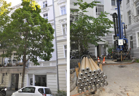 Straßenansicht sowie Innenhof mit Bohrmaschine  