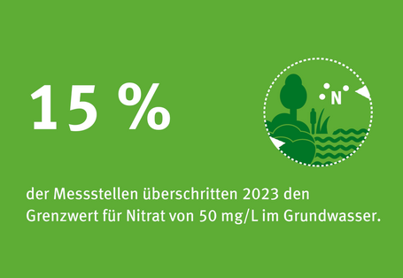 15% der Messstellen überschritten 2023 den Grenzwert für Nitrat von 50mg/L im Grundwasser.