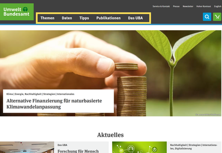 Screenshot der UBA-Website, gelb umrandet die Hauptnavigation