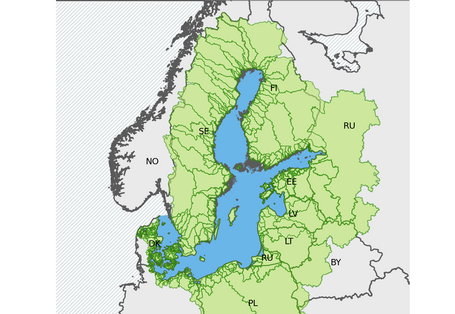 Die Abbildung zeigt in grün, die Einzugsgebiete, aus dem die HELCOM-Vertragsstaaten in die Ostsee entwässern. Der Abbildung ist zu entnehmen, dass Deutschland ein relativ kleines Einzugsgebiet hat, welches in die Ostsee entwässert.