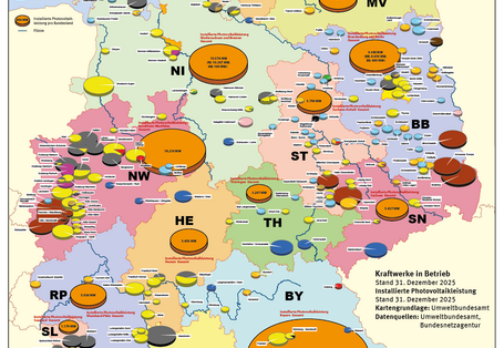 Die Karte zeigt Kraftwerke ab 100 MW sowie die installierte Photovoltaikleistung in Deutschland und den einzelnen Bundesländern.