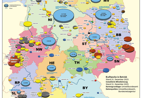 Die Karte zeigt Kraftwerke ab 100 MW sowie die installierte Windleistung in Deutschland, den einzelnen Bundesländern und auf See.