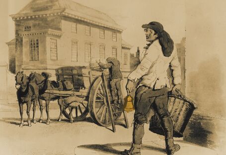 Altes Bild eines Mannes mit Korb und Glocke, der den Müll auf der Straße einsammelt.