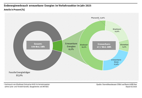 Kreisdiagramm: Der gesamte Verbrauch erneuerbarer Energien im Verkehr betrug im Jahr 2025 47,7 Terawattstunden. Davon 50 % Biodiesel (inklusive HVO), 20 % Bioethanol, 22 % Strom und 8 % Biomethan. Die erneuerbaren Energieträger im Verkehr (8,0%) sind den konventionellen Energieträgern im Verkehr (92,0%) gegenübergestellt.