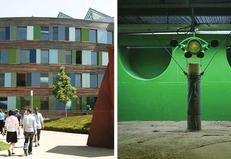 Zwei Bilder zeigen das UBA-Dienstgebäude in Dessau und ein Filmstill aus der Fließgewässersimulationsanlage