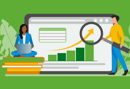 Diagramme auf Bildschirm abgebildet mit Menschen davor mit Lupe und Laptop.