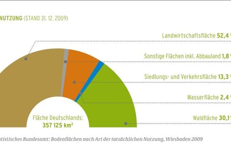 Grafik zur Flächennutzung: Von einer Gesamtfläche in Deutschland von 357.125 km2 werden 52,4 % als Landwirtschaftsfläche genutzt; 30,1 % sind Waldfläche; 13,3 %