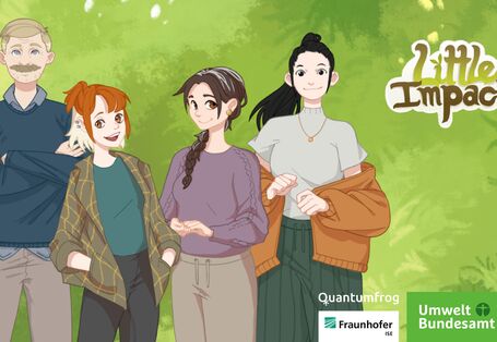 Vier Personen unterschiedlichen Geschlechts und verschiedener Generationen stehen vor einem grünen Hintergrund. Daneben die Logos  von Quantumfrog, Fraunhofer ISE und Umweltbundesamt