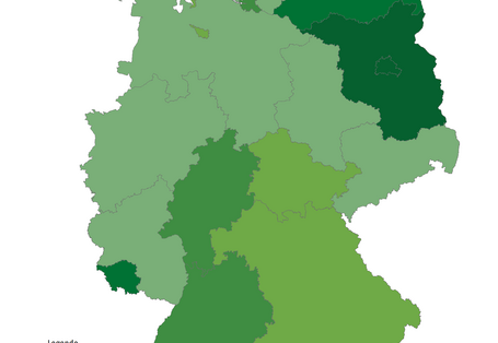 Darstellung der Anteile der landwirtschaftlich genutzten Fläche im ökologischen Landbau an der landwirtschaftlich genutzten Fläche insgesamt im Jahr 2007. In Brandenburg und Berlin gibt es Anteile von über 10 Prozent. In Rheinland-Pfalz und Mecklenburg-Vorpommern liegt der Anteil zwischen 8 und 10 %. In Baden-Württemberg, Hessen und Hamburg liegt der Anteil zwischen 6 und 8 Prozent. In den anderen Ländern liegt der Anteil mitunter deutlich unter 6 Prozent.