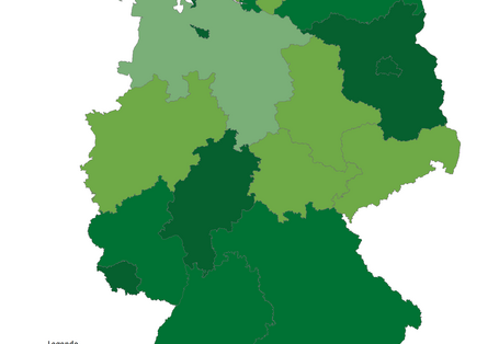 Darstellung der Anteile der landwirtschaftlich genutzten Fläche im ökologischen Landbau an der landwirtschaftlich genutzten Fläche insgesamt im Jahr 2016. In Brandenburg, Berlin, Bremen, Hessen und dem Saarland gibt es Anteile von über 10 Prozent. In Bayern, Baden-Württemberg, Rheinland-Pfalz, Hamburg und Mecklenburg-Vorpommern liegt der Anteil zwischen 8 und 10 %. In den anderen Ländern liegt der Anteil mitunter deutlich unter 6 Prozent.