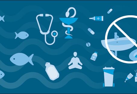 Zeichnung von Fischen, Wasser, Medikamenten, Wärmeflaschen, Yoga, Hausmülltonne, Toilette, Waschbecken, Stethoskop und Apothekensymbol