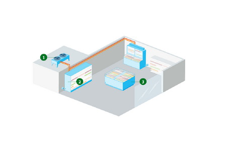 Modell der Kühlung eines kleinen Lebensmittelgeschäftes.