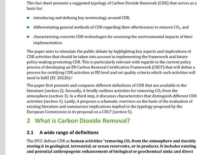 Cover des Fact Sheets "Short Typology of Carbon Dioxide Removals"