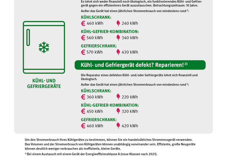 Die Grafik zeigt, ob sich der Weiterbetrieb oder die Reparatur von Kühl- und Gefriergeräten ökologisch und ökonomisch lohnt – betrachtet über 10 Jahre. Ein Austausch funktionierender Geräte gegen Klasse-A-Modelle lohnt meist nicht.