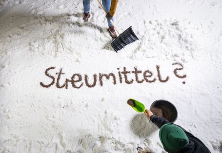 Zwei Menschen streuen Streumittel auf Schnee.