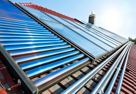Solarthermie- und Photovoltaikmodule auf einem roten Ziegeldach. Die blauen Röhren der Solarthermieanlage reflektieren den blauen Himmel. Im Hintergrund sind ein Schornstein und die Baumkronen zu sehen.