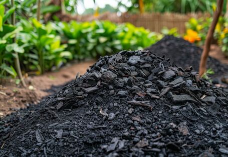  Ein Nahaufnahme eines Haufens aus dunkler Holzkohle, der auf dem Boden in einem Garten liegt, umgeben von Pflanzen.