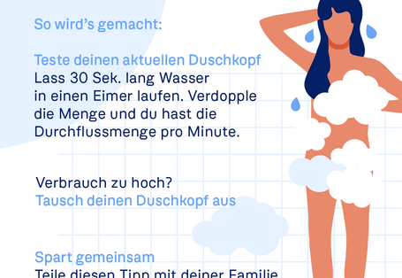 Aufruf: Sei ein Smart-Duscher! Erklärt Test des Duschkopf-Verbrauchs (30 Sek. Eimer-Test) und ruft zum Tauschen auf. UBA-Logo.