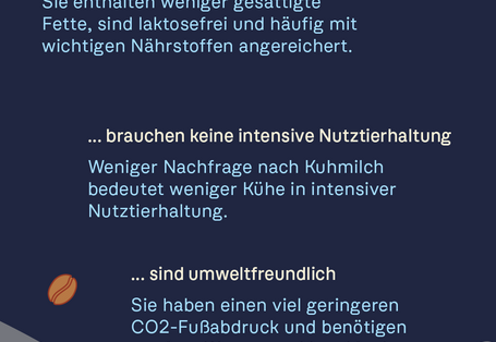 Infografik zu den Vorteilen von Pflanzendrinks bezüglich Gesundheit, Verzicht auf intensive Nutztierhaltung und Umweltfreundlichkeit.