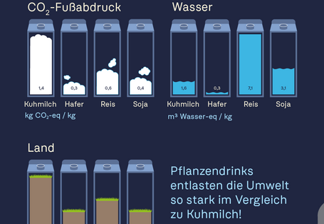 Balkendiagramm zum Vergleich von CO2-Fußabdruck, Wasser- und Landverbrauch zwischen Kuhmilch, Hafer-, Reis- und Sojadrinks.
