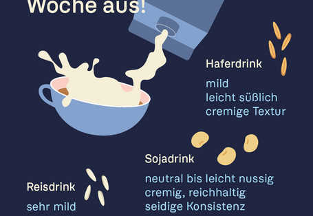 Übersicht der Geschmacksprofile von Haferdrink (mild/cremig), Sojadrink (nussig/reichhaltig) und Reisdrink (sehr mild/dünnflüssig).