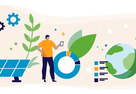 Auf hellem Hintergrund sind zwei Windraeder, eine Solaranlage, zwei Personen, die Weltkugel, Pflanzenblaetter und Diagramme zur Illustration der Themenfelder des KI-Labs abgebildet.