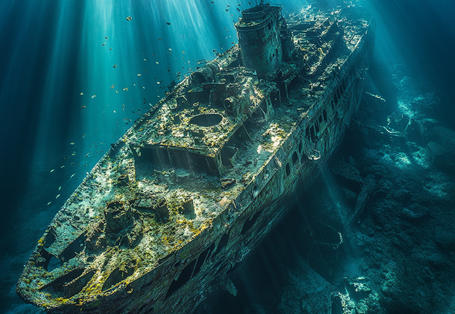 Das Bild zeigt das Wrack eines Kriegsschiffes aus dem Zweiten Weltkrieg mit Algenbewuchs von oben, während Sonnenstrahlen durch die Wasseroberfläche brechen.