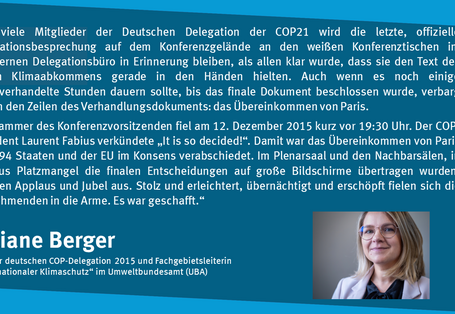 Bild von Juliane Berger, Teil der deutschen COP-Delegation 2015 und Fachgebietsleiterin „Internationaler Klimaschutz“ im Umweltbundesamt, mit einem kurzen Erlebnisbericht. 
