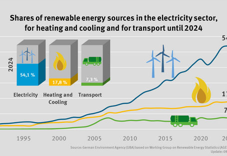 The diagram shows the development of the shares of renewable energies for electricity, heat and transport. While electricity shares grew steadily, the development of heat and transport shares stagnated for several years. The share of renewables in electricity fell significantly in 2021 (to 41.7 percent), but since then rose considerably to 54.1 percent in 2024. The share of renewables in the heat sector reaches 17.8 percent in 2024 and in the transport sector 7.3 percent.