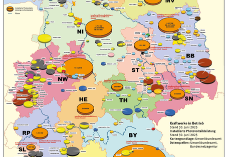 Die Karte zeigt Kraftwerke ab 100 MW sowie die installierte Photovoltaikleistung in Deutschland und den einzelnen Bundesländern.