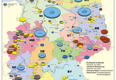 Die Karte zeigt Kraftwerke ab 100 MW sowie die installierte Windleistung in Deutschland, den einzelnen Bundesländern und auf See.
