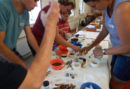 Bodenfarben können durch Zerkleinern, Mörsern und Sieben des Bodenmaterials sowie Anmischen mit Wasser und Baumharz sofort hergestellt werden