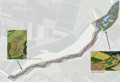Grafisch bearbeitetes Luftbild und Beispielfotos der Bauabschnitte IV und V an der Wern. Der Entwicklungskorridor ist hervorgehoben