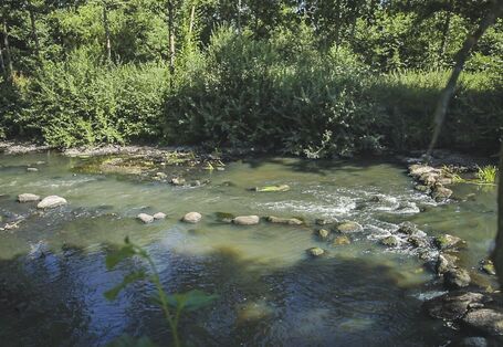 Foto: Niedrigwasserrinne in der Mitte der Wümme, die als Fischwanderhilfe dient. Als Sicherung der Niedrigwasserrinne wurden große Steine linienhaft in das Gewässer eingebracht.