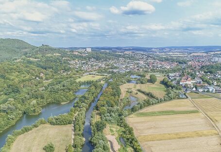 Luftbild der Fulda mit Nebengewässern und großräumigen Auenflächen. Entlang des Gewässers wachsen breite Randstreifen, an die landwirtschaftliche Flächen angrenzen. Im Hintergrund liegen Siedlungsflächen.