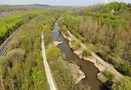 Foto: Gezielt eingebrachte Strömungslenker in Form von quer zur Fließrichtung verlaufenden Buhnen aus großen Steinen. Dichte Vegetation wächst entlang der Ufer, die einen befestigten Weg und in etwas größerer Distanz Eisenbahnschienen vom Gewässer trennt.