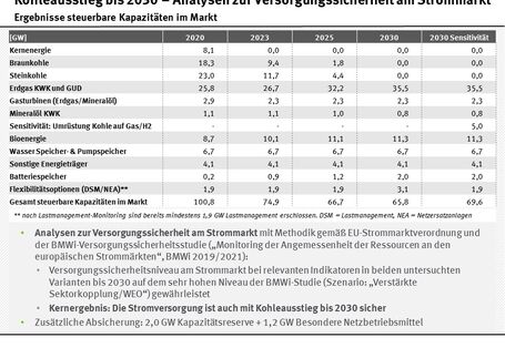 Tabelle und Stichpunkte zu Ergebnissen der steuerbaren Kapazität am Markt