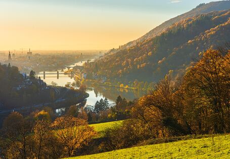 Das Bild zeit eine Landschaft mit Fluss und Bergen im Herbst