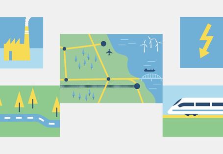 Das Bild zeigt Elektrizität, einen Zug, Karten und Straßen.