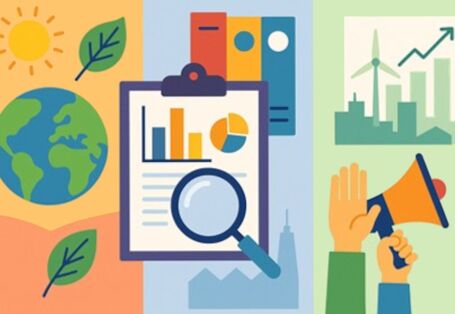 Das Bild zeigt 3 Säulen. In der Ersten Säule ist die Natur abgebildet. In der zweiten sieht man Gesetzestexte/-bücher und Analysen. In der dritten werden ein Megafon eine meldende Hand und ein Diagramm abgebildet.