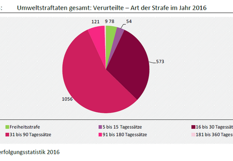 Das Tortendiagramm zeigt, dass von den im Jahr 2016 für Umweltstraftaten Verurteilten 78 Personen Freiheitsstrafen und 1.813 Geldstrafen erhielten. Von den Geldstrafen lagen 60 % zwischen 31 und 90 Tagessätzen; 32 % zwischen 16 und 30 Tagessätzen.