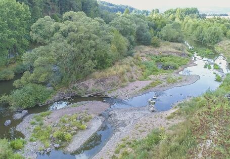 Luftbild der Fulda und einem Nebenarm mit geringer Wasserführung. An den strukturreichen Ufern wachsen Gräser, Sträucher und Bäume.