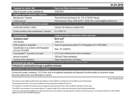 Template for mandatory designation of construction products proposed by the federal environmental agency. Following criteria were selected: EC Number, CAS Number, SVHC property, classification in accordance with Regulation, concentration, amount, function