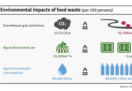 100 Personen verursachen durch Lebensmittelabfälle 13,2 Tonnen CO2e Treibhausgasemissionen.